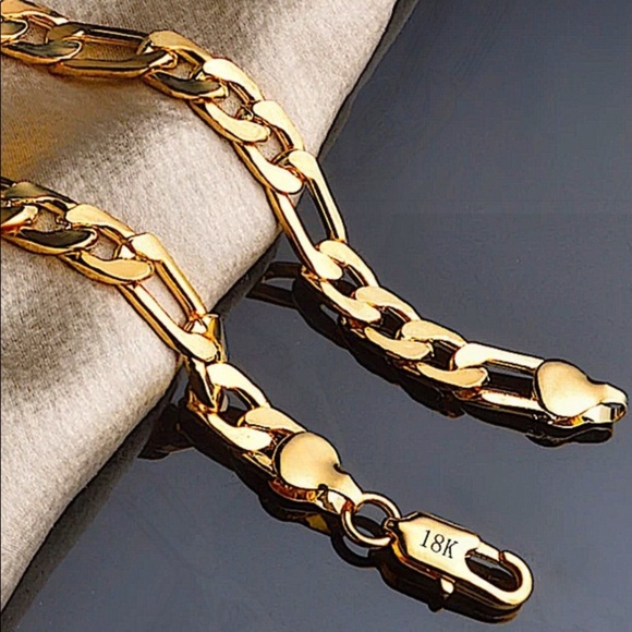 18K GOLD PLATED FIGARO NECKLACE BRACELET MATCHING SET - Picture 9 of 13